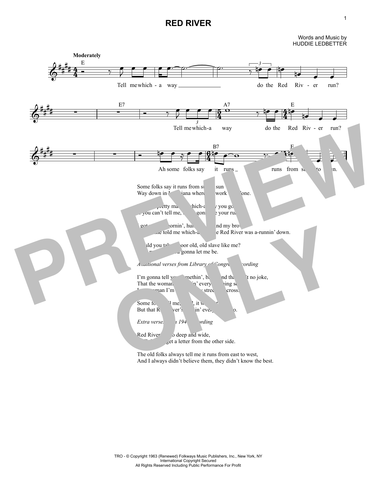 Lead Belly Red River Sheet Music Notes & Chords for Lead Sheet / Fake Book - Download or Print PDF