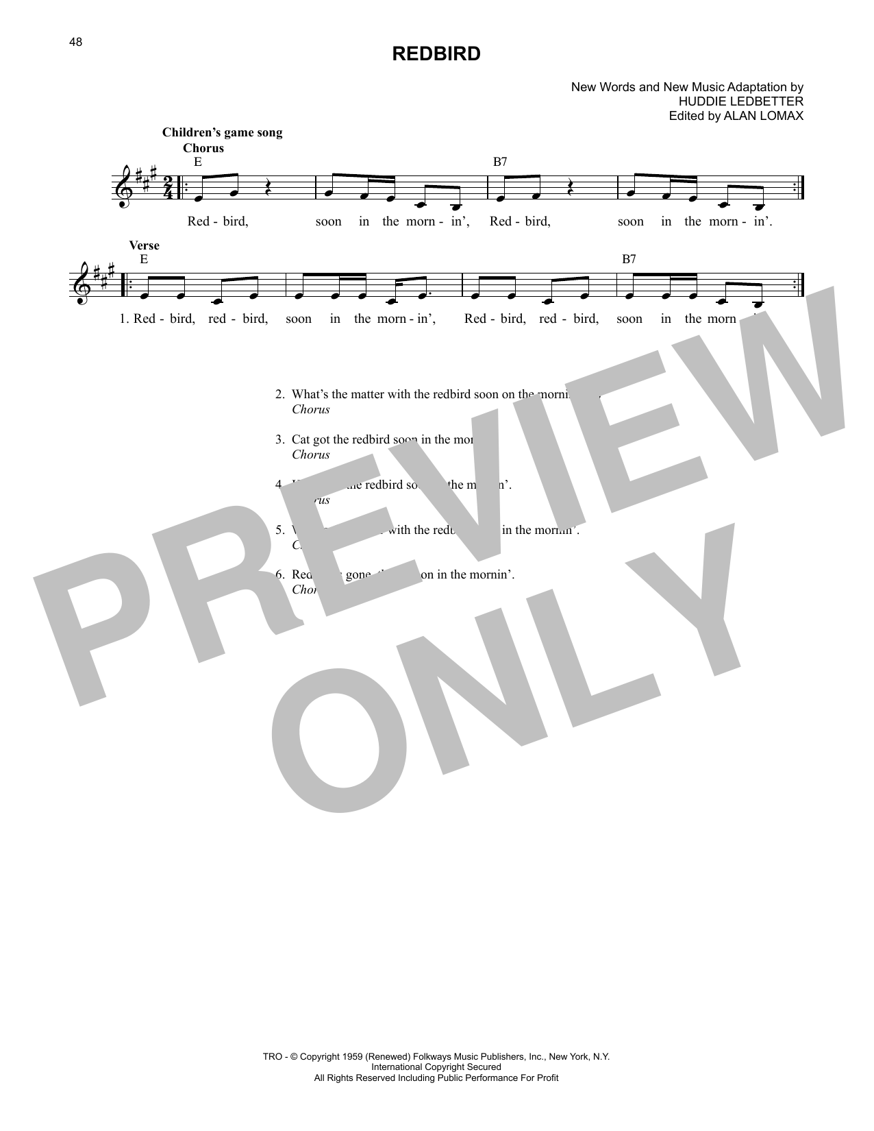 Lead Belly Redbird Sheet Music Notes & Chords for Lead Sheet / Fake Book - Download or Print PDF