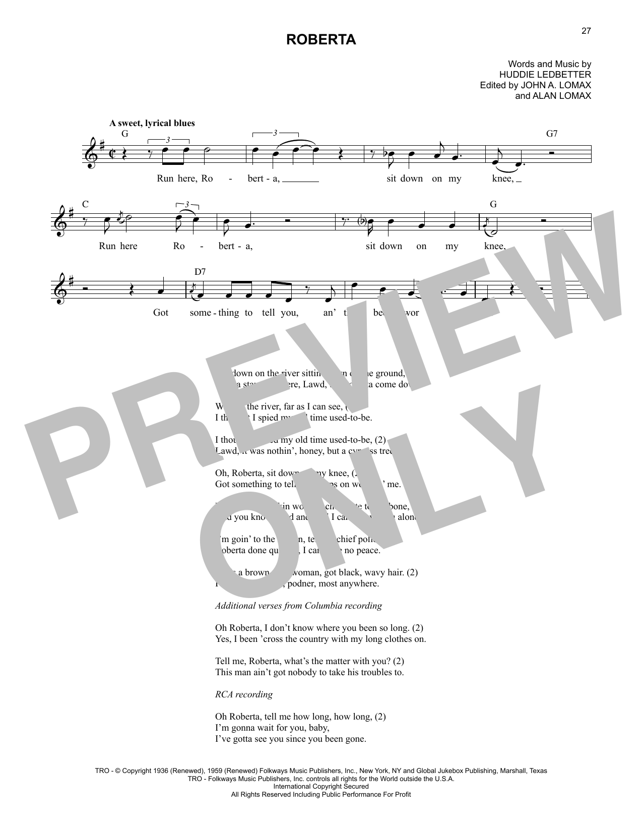 Lead Belly Roberta Sheet Music Notes & Chords for Lead Sheet / Fake Book - Download or Print PDF