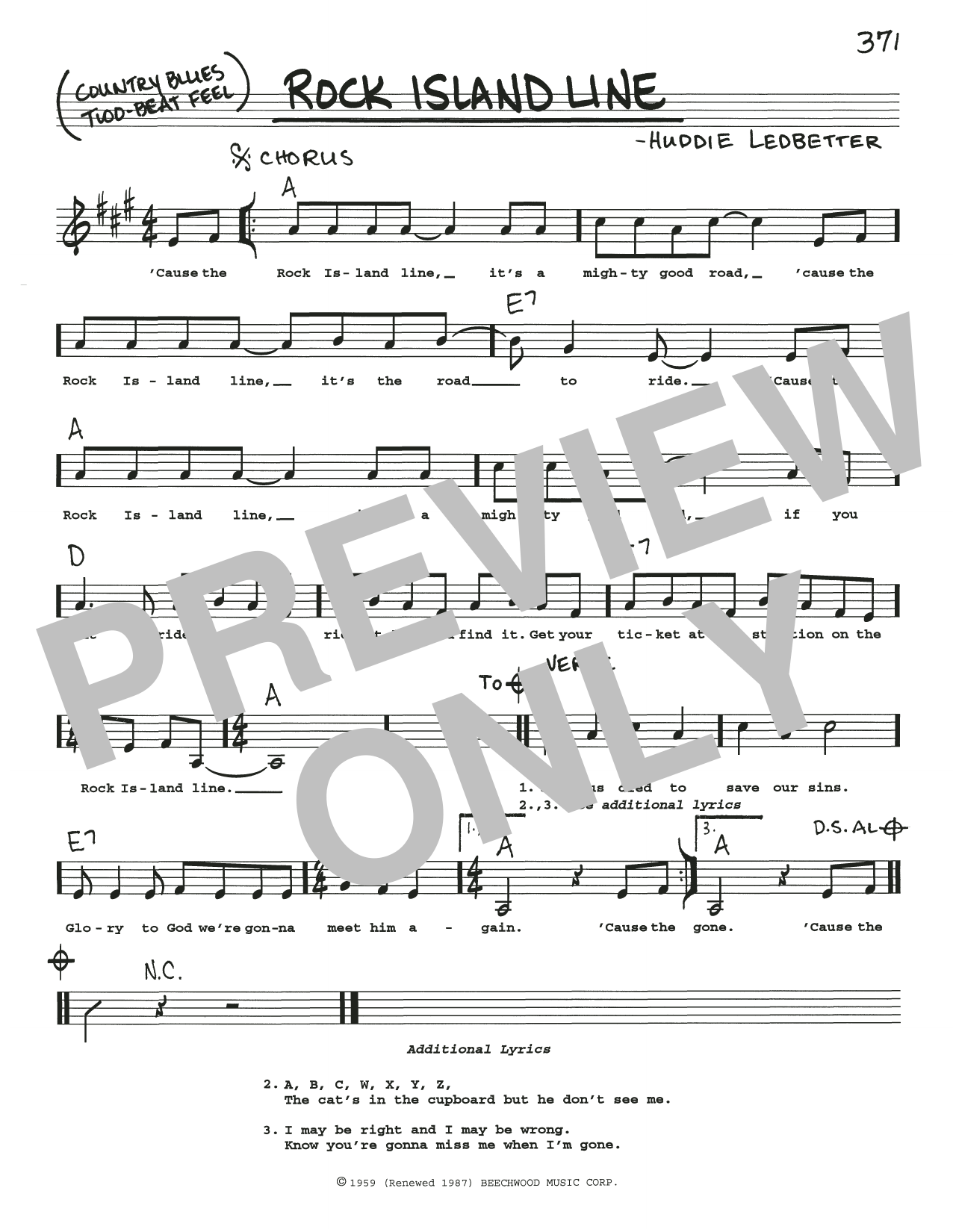Lead Belly Rock Island Line Sheet Music Notes & Chords for Real Book – Melody, Lyrics & Chords - Download or Print PDF