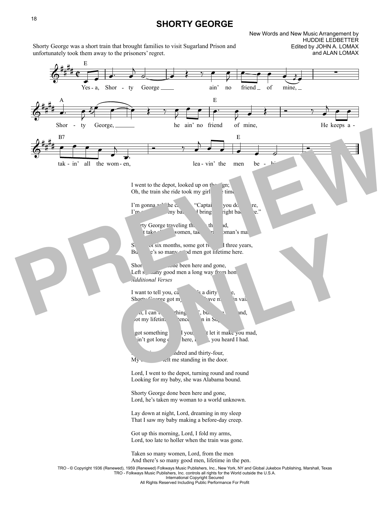Lead Belly Shorty George Sheet Music Notes & Chords for Lead Sheet / Fake Book - Download or Print PDF