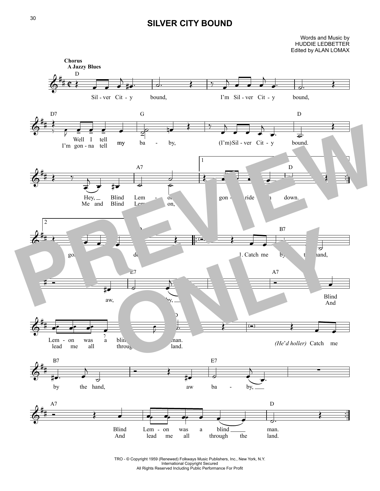 Lead Belly Silver City Bound Sheet Music Notes & Chords for Lead Sheet / Fake Book - Download or Print PDF