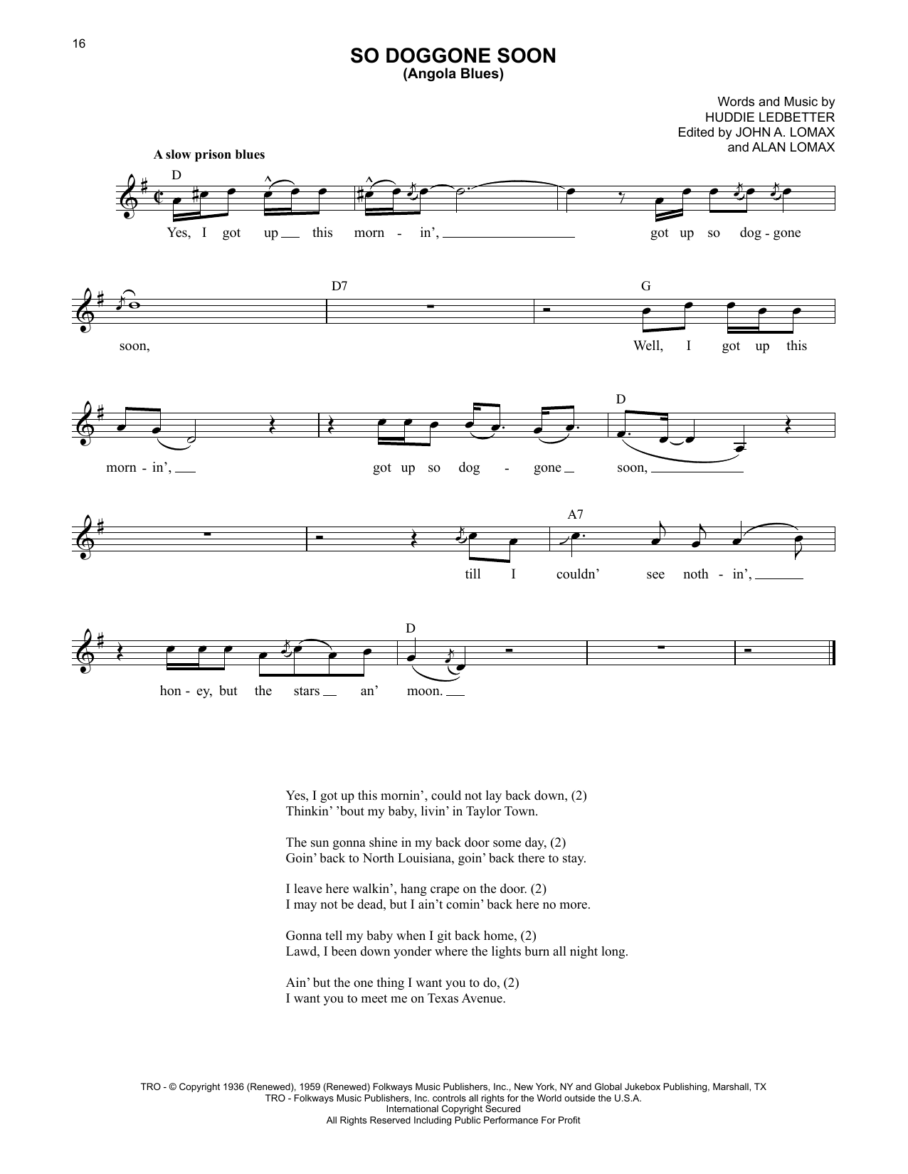 Lead Belly So Doggone Soon (Angola Blues) Sheet Music Notes & Chords for Lead Sheet / Fake Book - Download or Print PDF