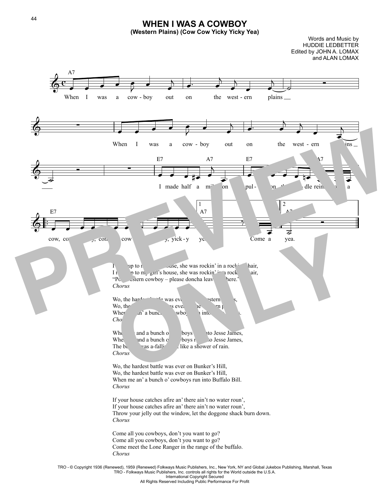 Lead Belly When I Was A Cowboy (Western Plains) (Cow Cow Yicky Yicky Yea) Sheet Music Notes & Chords for Lead Sheet / Fake Book - Download or Print PDF