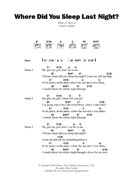 Leadbelly Where Did You Sleep Last Night Sheet Music Notes & Chords for Lyrics & Chords - Download or Print PDF