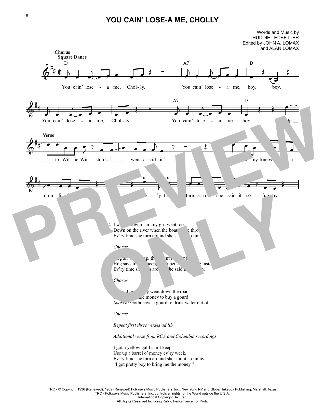 Lead Belly You Cain' Lose-A Me, Cholly Sheet Music Notes & Chords for Lead Sheet / Fake Book - Download or Print PDF