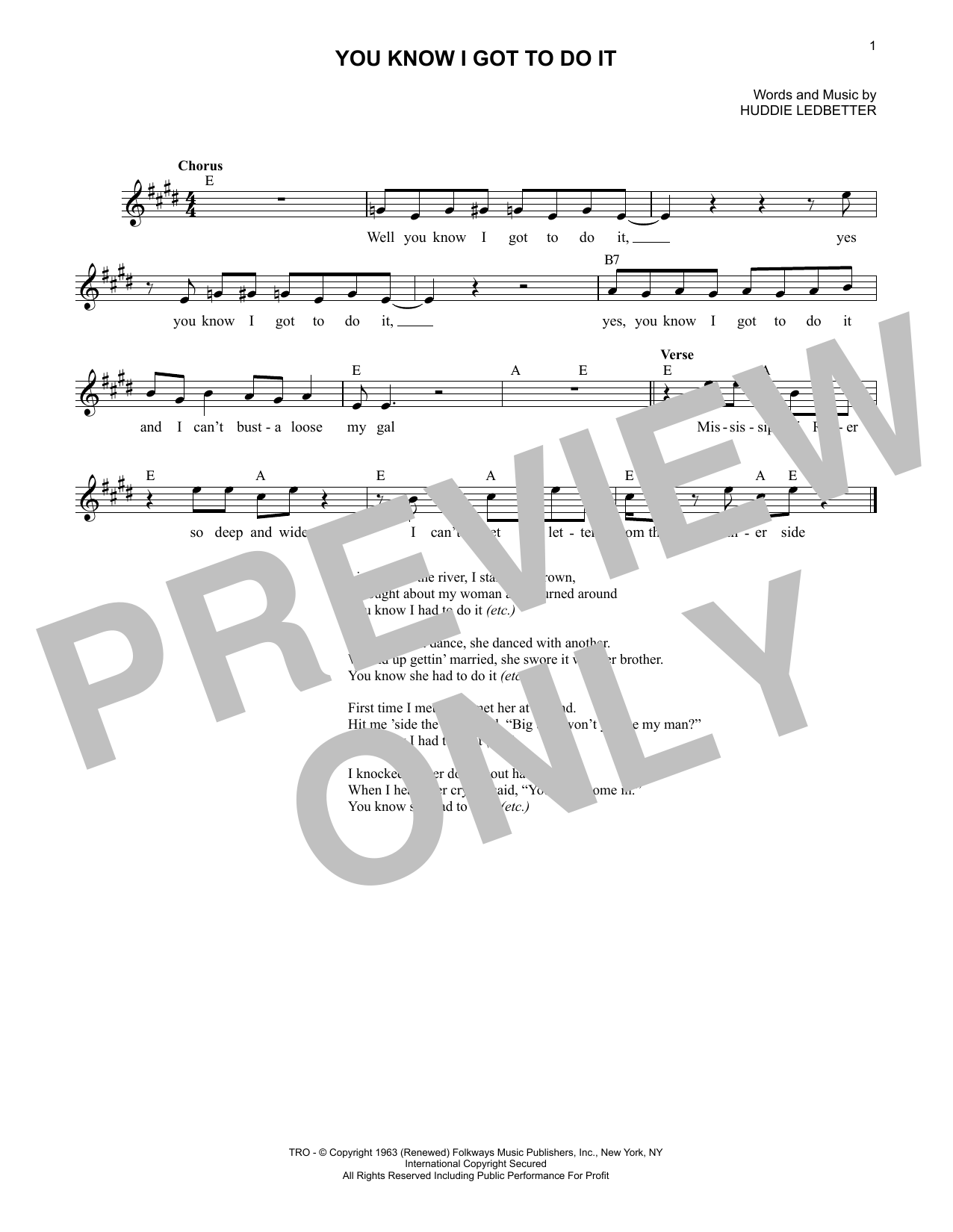 Lead Belly You Know I Got To Do It Sheet Music Notes & Chords for Lead Sheet / Fake Book - Download or Print PDF