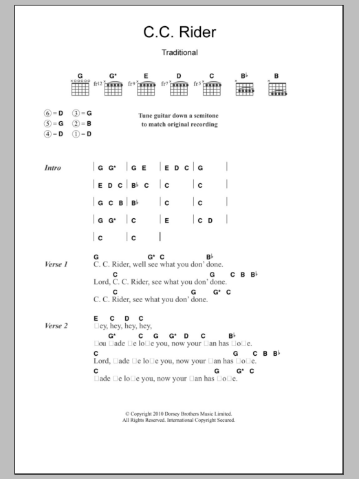 Leadbelly C.C. Rider Sheet Music Notes & Chords for Lyrics & Chords - Download or Print PDF