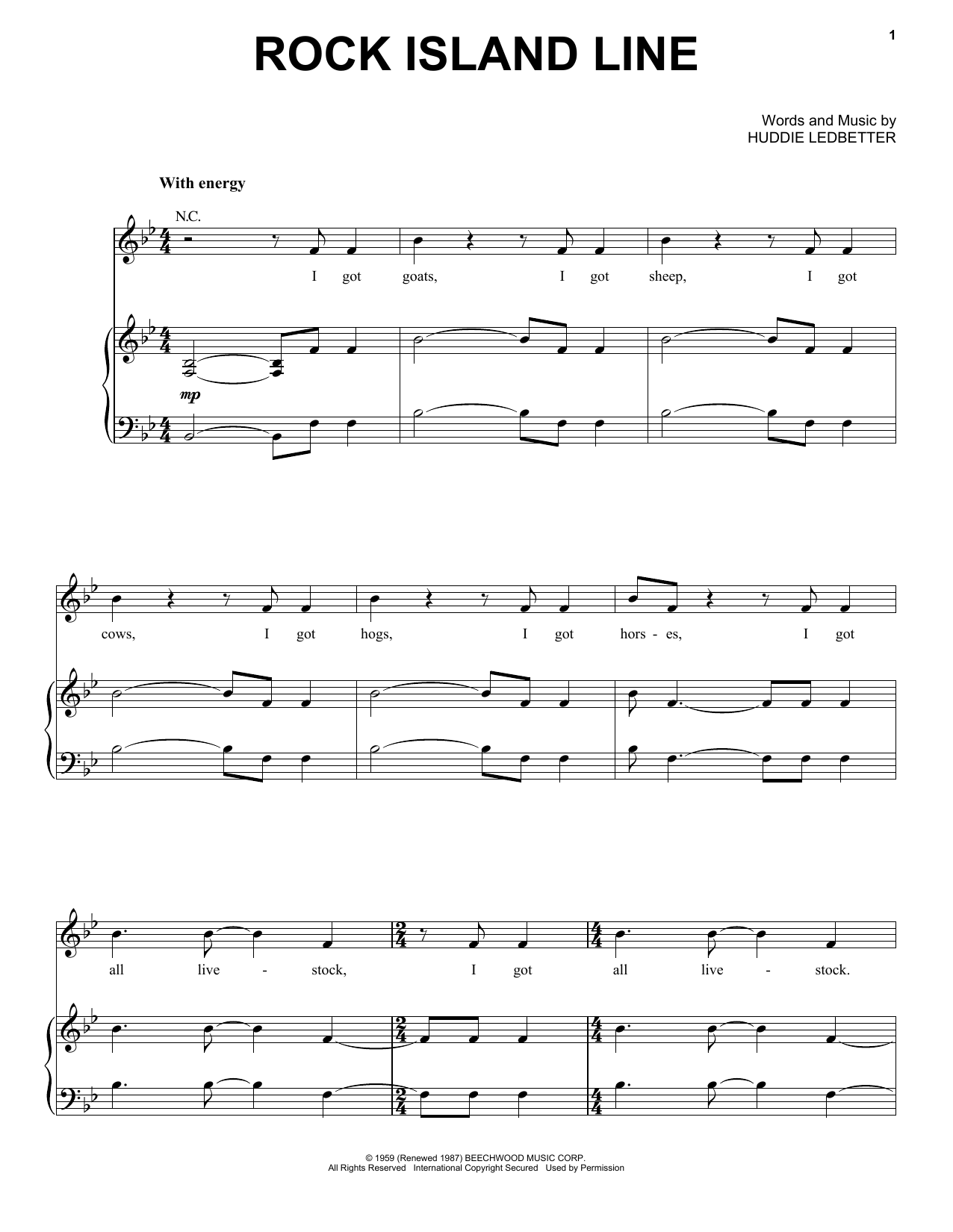 Leadbelly Rock Island Line Sheet Music Notes & Chords for Piano, Vocal & Guitar (Right-Hand Melody) - Download or Print PDF