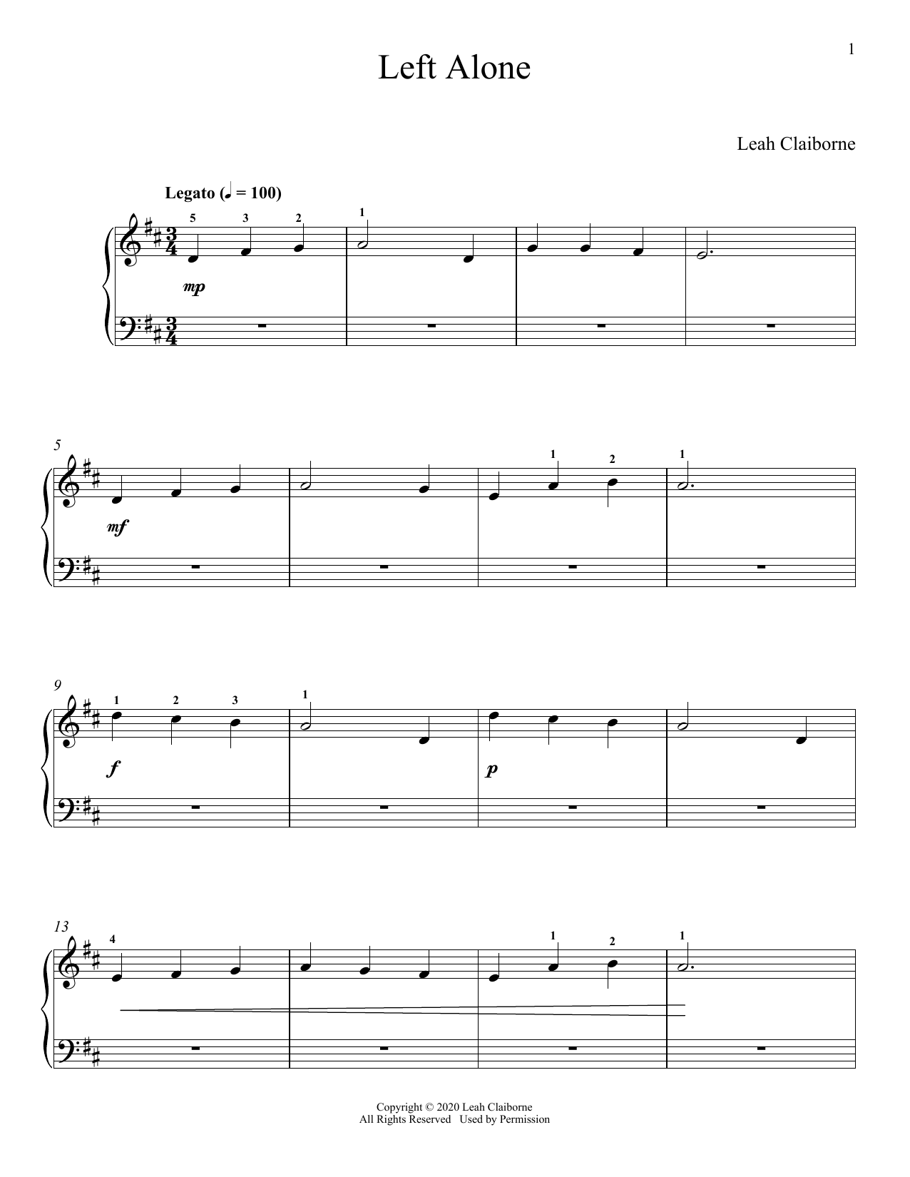 Leah Claiborne Left Alone Sheet Music Notes & Chords for Piano Solo - Download or Print PDF