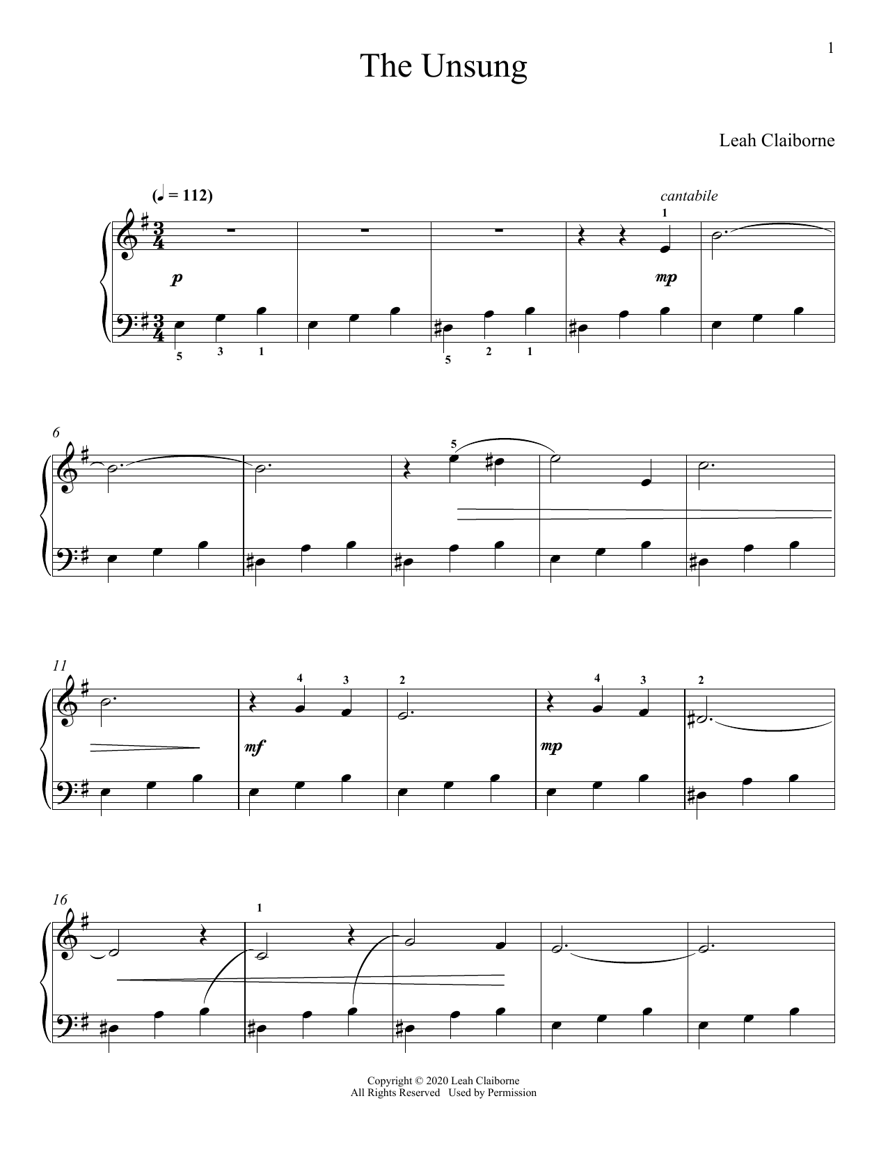 Leah Claiborne The Unsung Sheet Music Notes & Chords for Piano Solo - Download or Print PDF