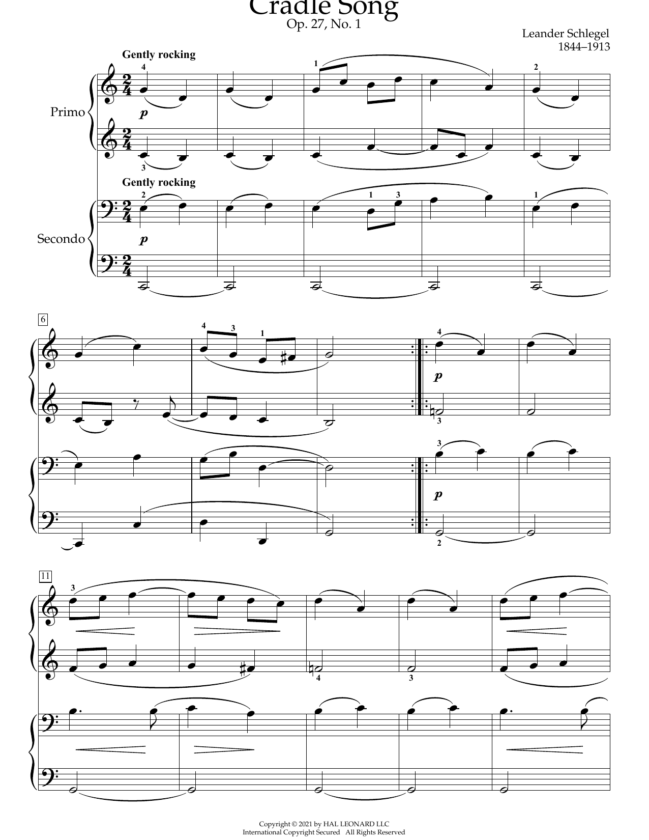 Leander Schlegel Cradle Song, Op. 27, No. 1 Sheet Music Notes & Chords for Piano Duet - Download or Print PDF
