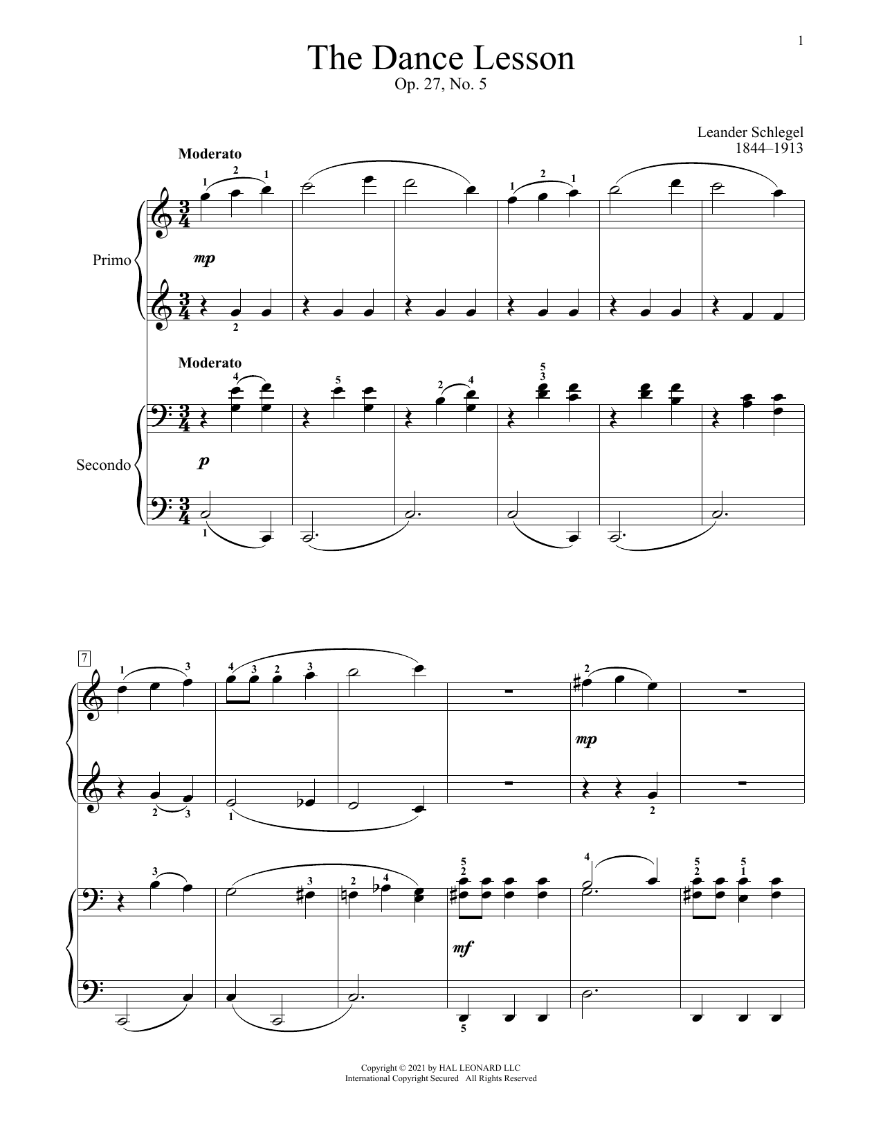Leander Schlegel The Dance Lesson, Op. 27, No. 5 Sheet Music Notes & Chords for Piano Duet - Download or Print PDF