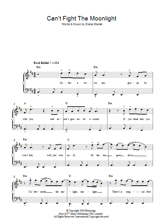 LeAnn Rimes Can't Fight The Moonlight Sheet Music Notes & Chords for Really Easy Piano - Download or Print PDF