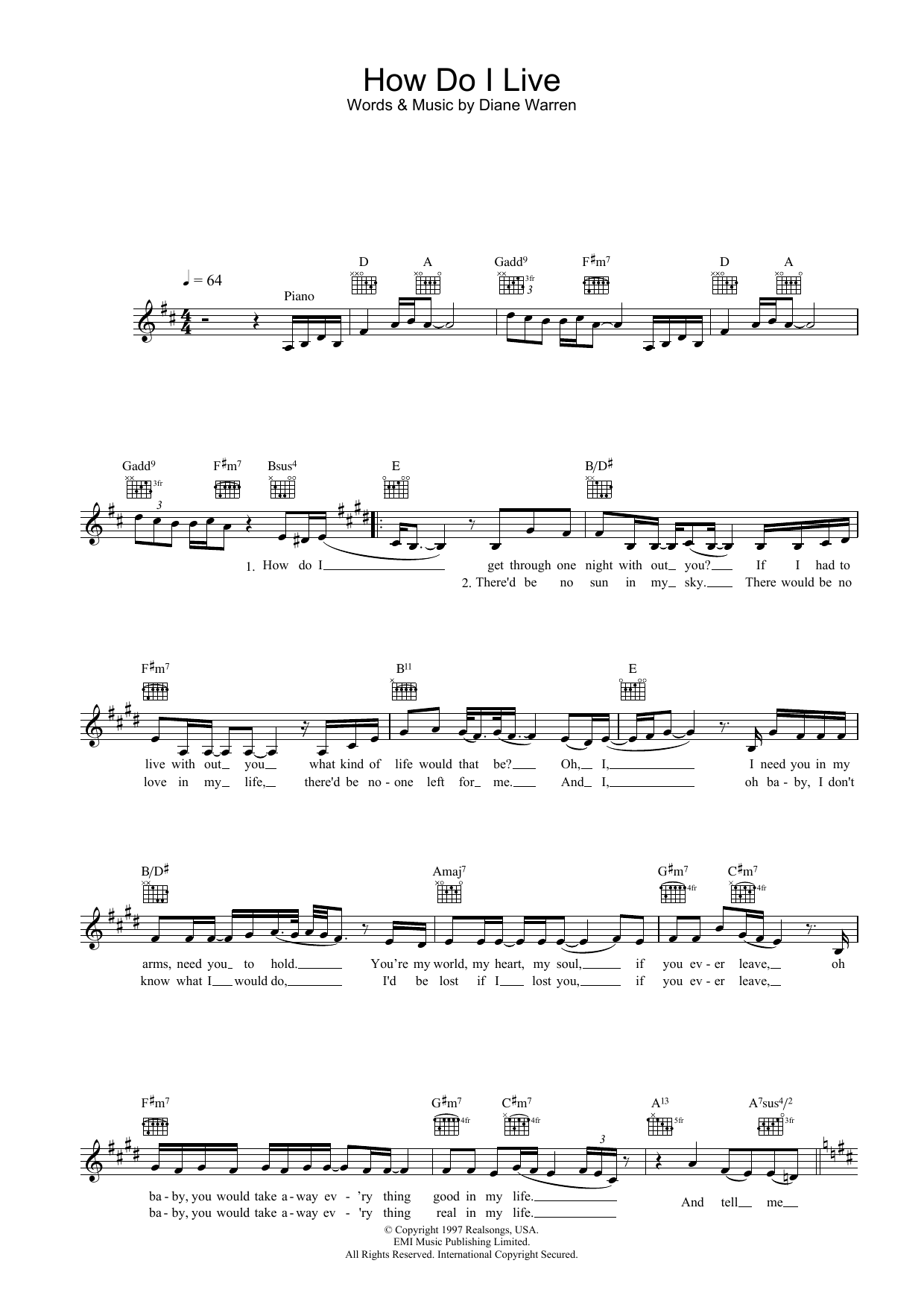LeAnn Rimes How Do I Live Sheet Music Notes & Chords for Easy Piano - Download or Print PDF