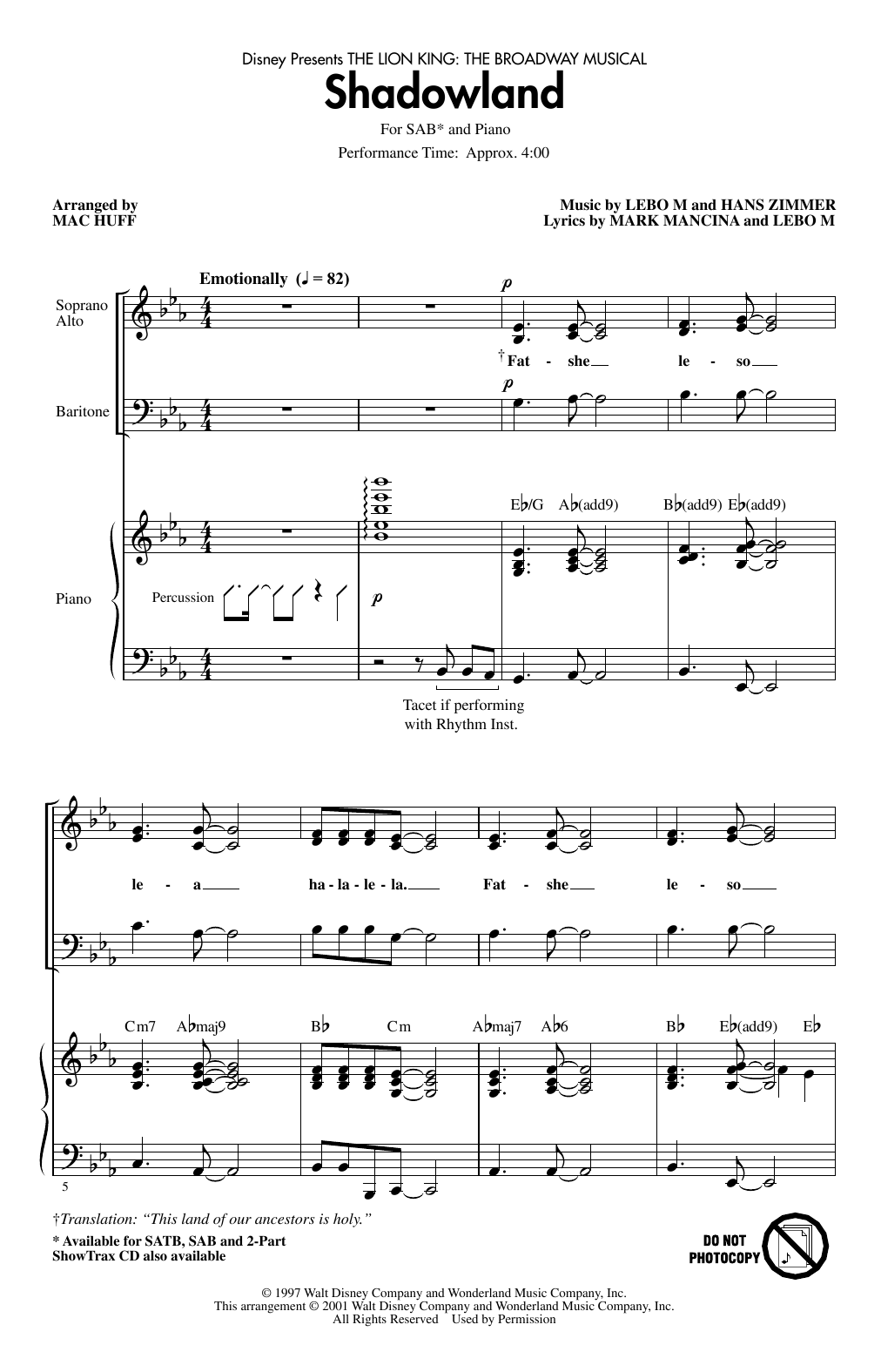 Lebo M., Hans Zimmer and Mark Mancina Shadowland (from The Lion King: Broadway Musical) (arr. Mac Huff) Sheet Music Notes & Chords for SAB Choir - Download or Print PDF