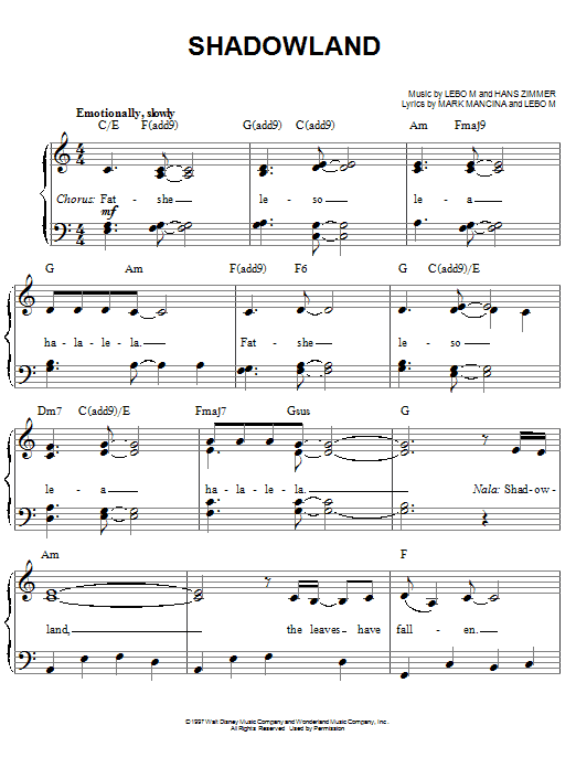 Lebo M., Hans Zimmer and Mark Mancina Shadowland (from The Lion King: Broadway Musical) Sheet Music Notes & Chords for Piano, Vocal & Guitar (Right-Hand Melody) - Download or Print PDF