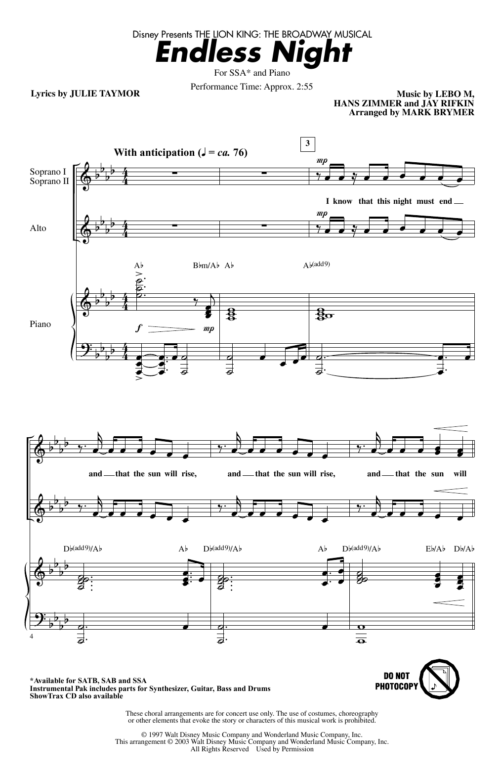 Lebo M., Hans Zimmer, Jay Rifkin and Julie Taymor Endless Night (from The Lion King: Broadway Musical) (arr. Mark Brymer) Sheet Music Notes & Chords for SSA Choir - Download or Print PDF