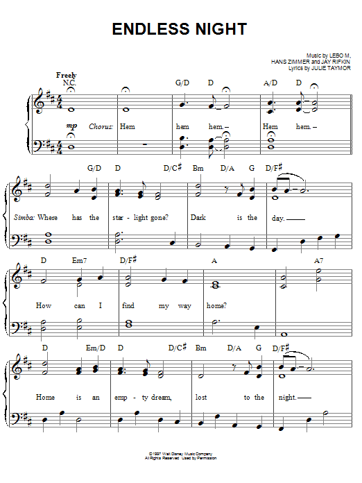 Lebo M., Hans Zimmer, Jay Rifkin and Julie Taymor Endless Night (from The Lion King: Broadway Musical) Sheet Music Notes & Chords for Piano, Vocal & Guitar (Right-Hand Melody) - Download or Print PDF
