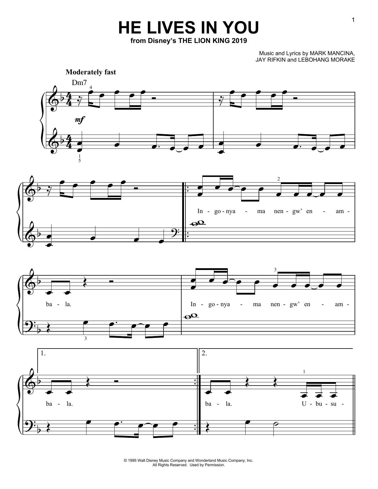 Lebo M. He Lives In You (from The Lion King 2019) Sheet Music Notes & Chords for Big Note Piano - Download or Print PDF