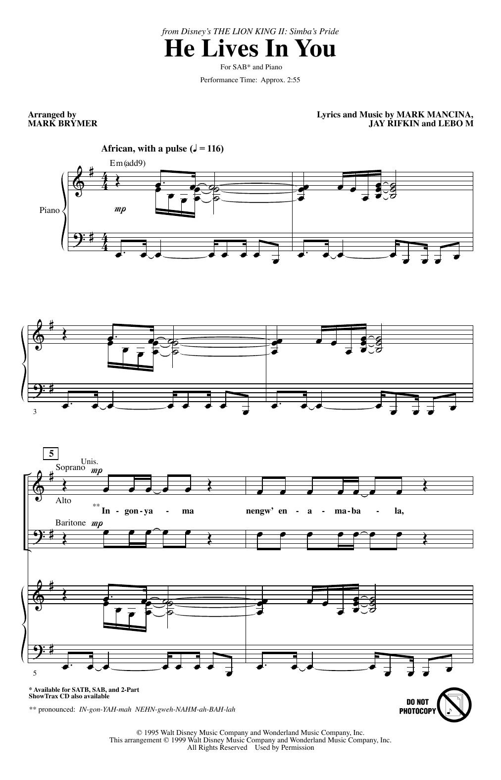 Lebo M He Lives In You (from The Lion King II: Simba's Pride) (arr. Mark Brymer) Sheet Music Notes & Chords for 2-Part Choir - Download or Print PDF