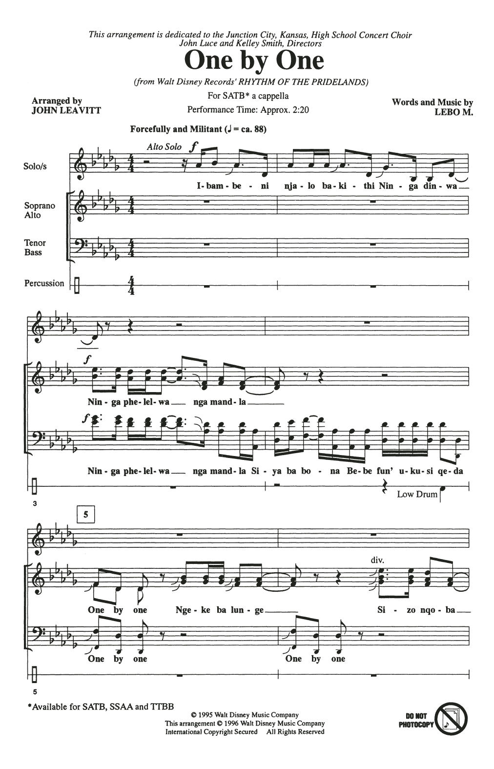 Lebo M. One By One (from Rhythm of the Pridelands) (arr. John Leavitt) Sheet Music Notes & Chords for SATB Choir - Download or Print PDF