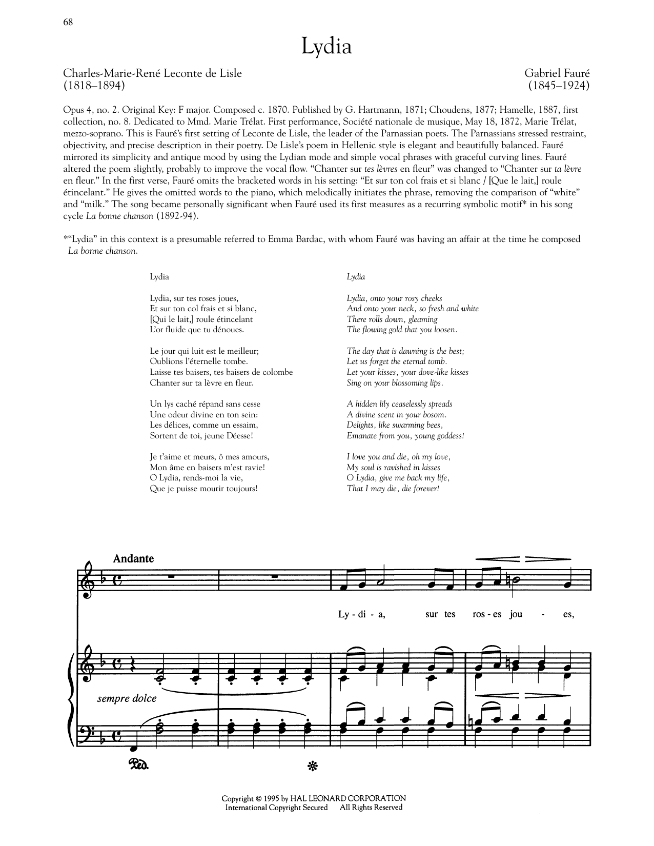 Leconte de Lisle Lydia Sheet Music Notes & Chords for Piano & Vocal - Download or Print PDF