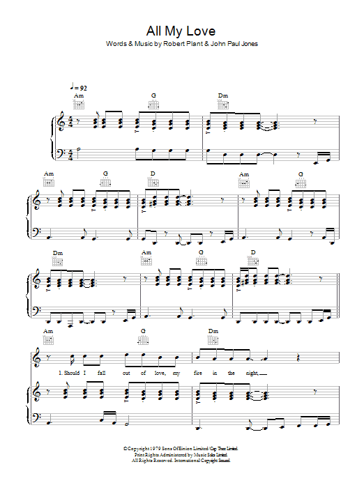Led Zeppelin All My Love Sheet Music Notes & Chords for Piano, Vocal & Guitar - Download or Print PDF