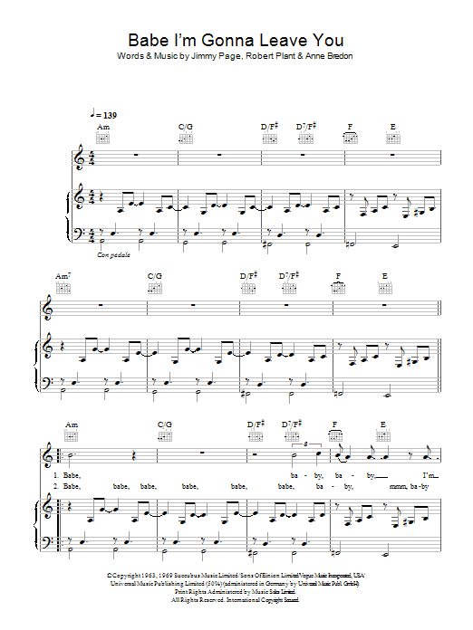 Led Zeppelin Babe, I'm Gonna Leave You Sheet Music Notes & Chords for Very Easy Piano - Download or Print PDF