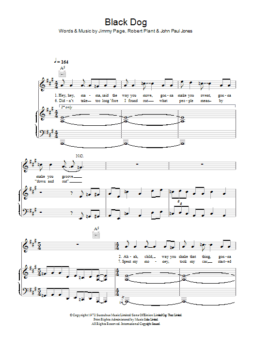 Led Zeppelin Black Dog Sheet Music Notes & Chords for Piano, Vocal & Guitar (Right-Hand Melody) - Download or Print PDF