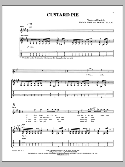 Led Zeppelin Custard Pie Sheet Music Notes & Chords for Guitar Tab - Download or Print PDF