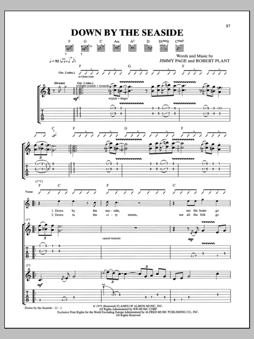 Led Zeppelin Down By The Seaside Sheet Music Notes & Chords for Guitar Tab - Download or Print PDF
