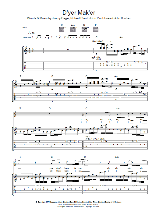 Led Zeppelin D'yer Mak'er Sheet Music Notes & Chords for Piano, Vocal & Guitar - Download or Print PDF