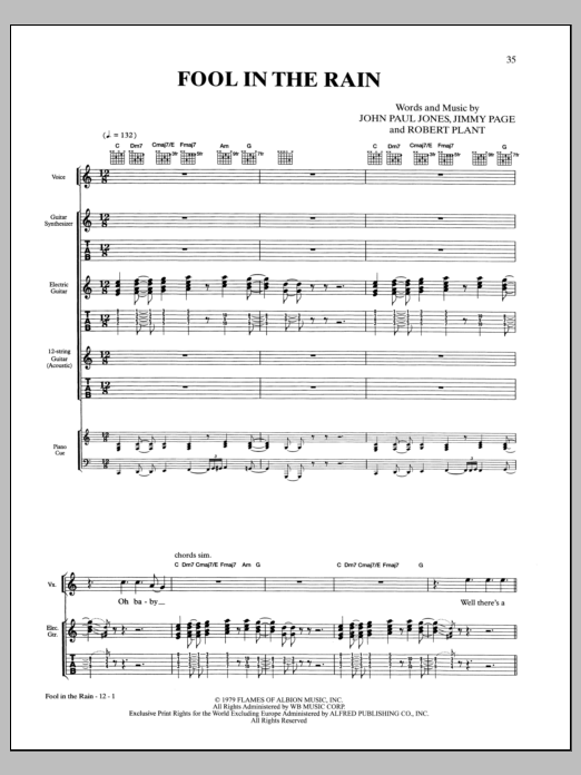Led Zeppelin Fool In The Rain Sheet Music Notes & Chords for Easy Piano - Download or Print PDF