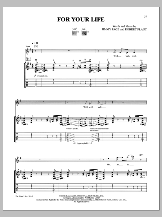 Led Zeppelin For Your Life Sheet Music Notes & Chords for Guitar Tab - Download or Print PDF