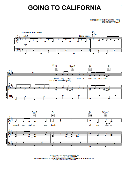 Led Zeppelin Going To California Sheet Music Notes & Chords for Lyrics & Chords - Download or Print PDF