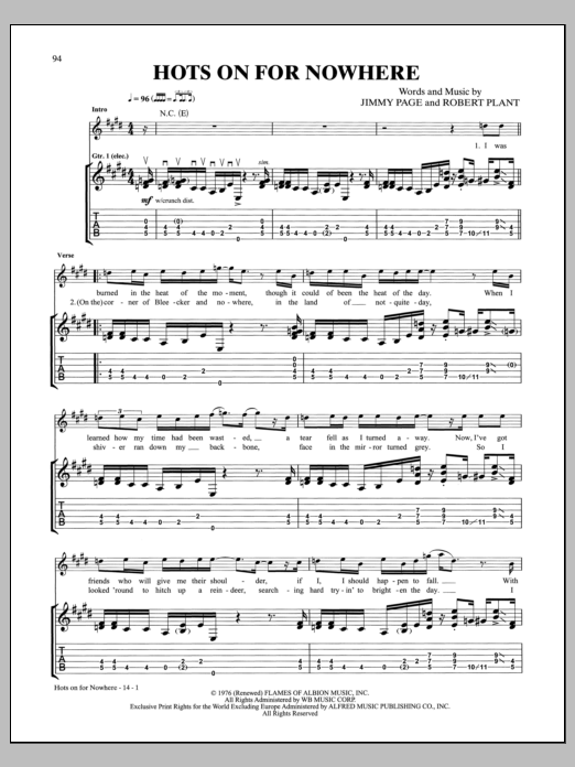 Led Zeppelin Hots On For Nowhere Sheet Music Notes & Chords for Guitar Tab - Download or Print PDF