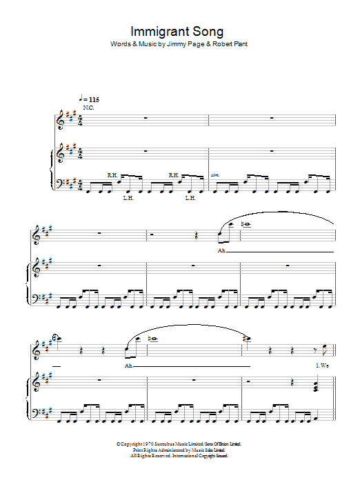 Led Zeppelin Immigrant Song Sheet Music Notes & Chords for Piano, Vocal & Guitar (Right-Hand Melody) - Download or Print PDF