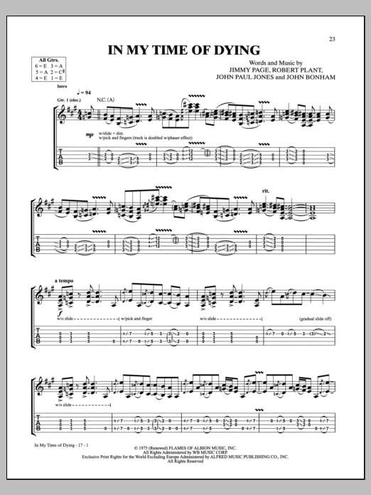 Led Zeppelin In My Time Of Dying Sheet Music Notes & Chords for Guitar Tab - Download or Print PDF