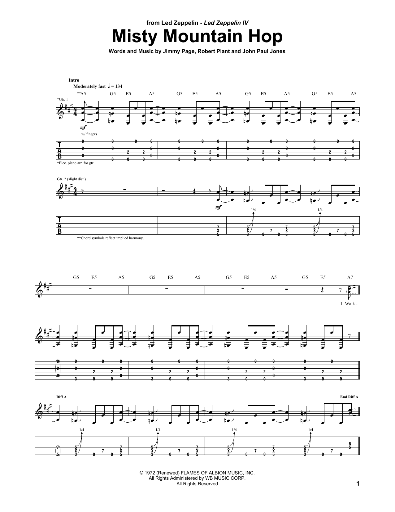 Led Zeppelin Misty Mountain Hop Sheet Music Notes & Chords for Guitar Tab - Download or Print PDF