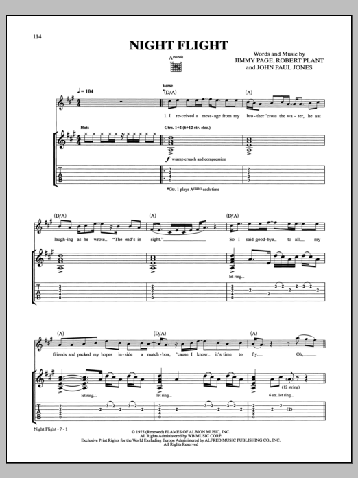 Led Zeppelin Night Flight Sheet Music Notes & Chords for Guitar Tab - Download or Print PDF