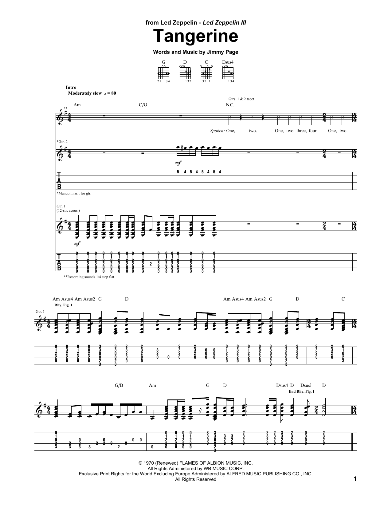 Led Zeppelin Tangerine Sheet Music Notes & Chords for Guitar Tab - Download or Print PDF