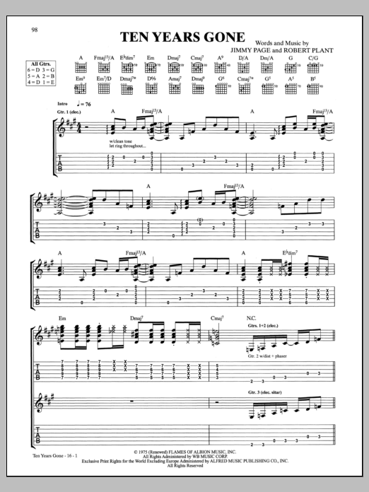 Led Zeppelin Ten Years Gone Sheet Music Notes & Chords for Guitar Tab - Download or Print PDF