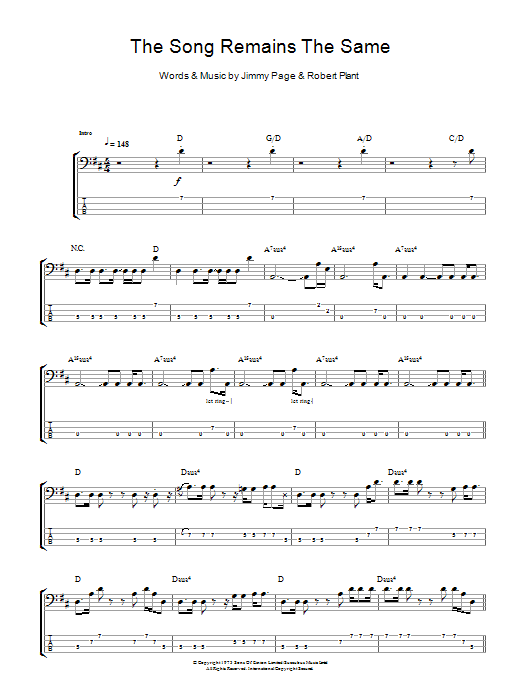 Led Zeppelin The Song Remains The Same Sheet Music Notes & Chords for Bass Guitar Tab - Download or Print PDF