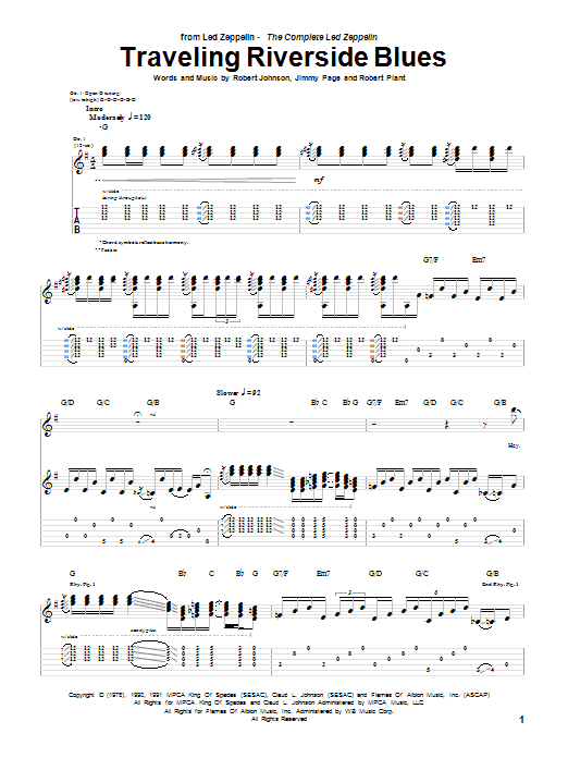 Led Zeppelin Traveling Riverside Blues Sheet Music Notes & Chords for Guitar Tab - Download or Print PDF