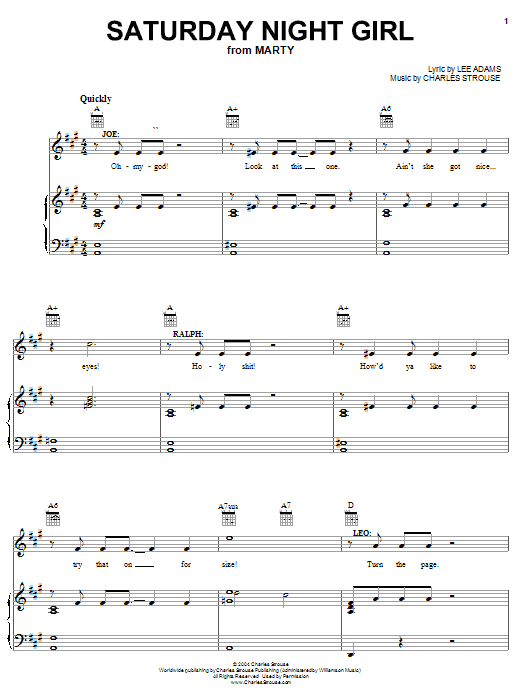 Lee Adams Saturday Night Girl Sheet Music Notes & Chords for Piano, Vocal & Guitar (Right-Hand Melody) - Download or Print PDF