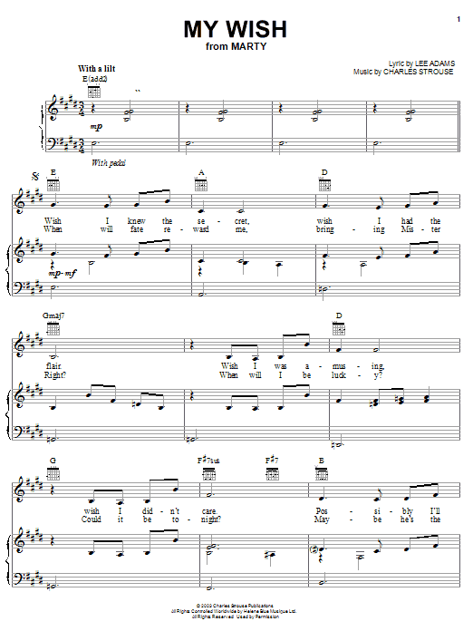 Lee Adams Wish Sheet Music Notes & Chords for Piano, Vocal & Guitar (Right-Hand Melody) - Download or Print PDF
