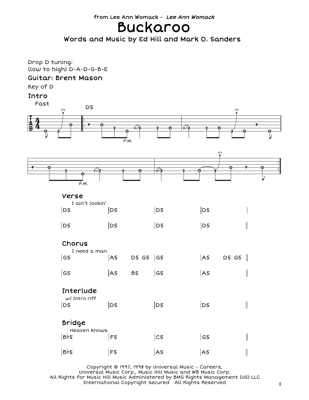Lee Ann Womack Buckaroo Sheet Music Notes & Chords for Guitar Tab - Download or Print PDF