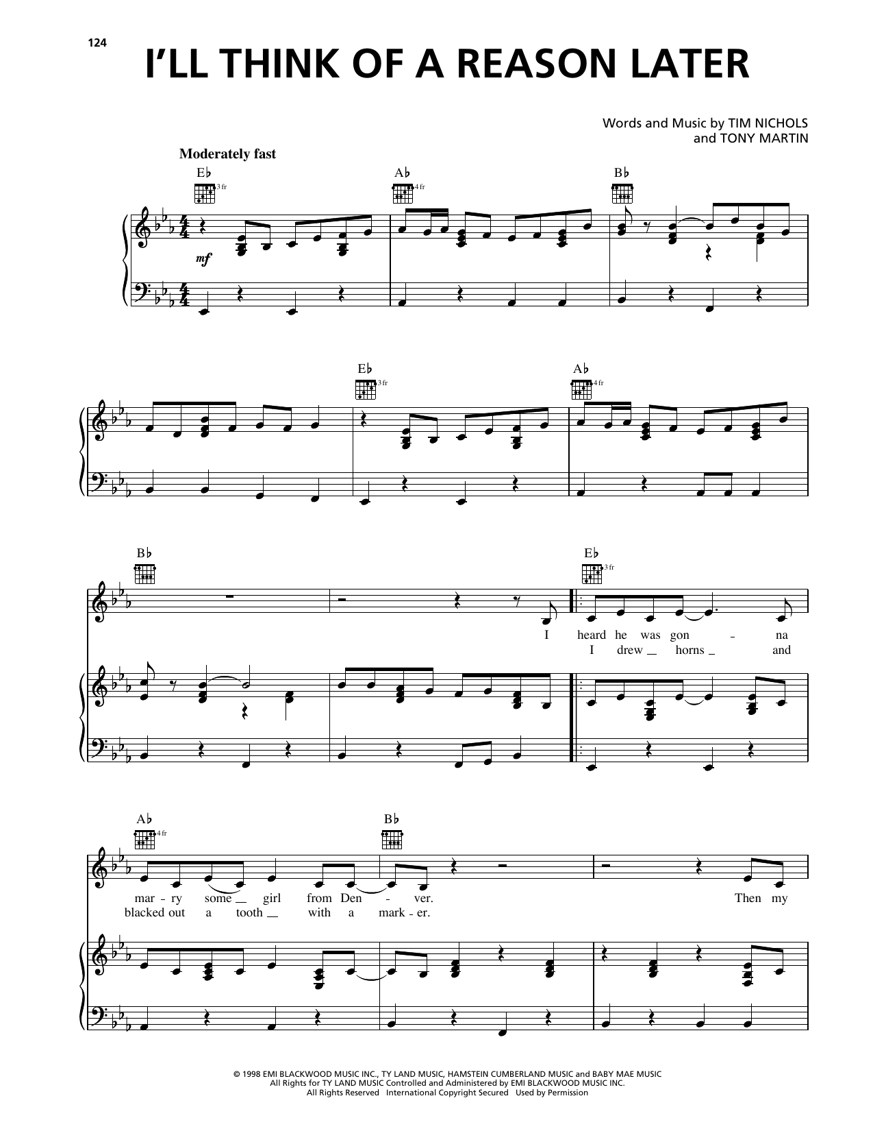 Lee Ann Womack I'll Think Of A Reason Later Sheet Music Notes & Chords for Piano, Vocal & Guitar Chords (Right-Hand Melody) - Download or Print PDF