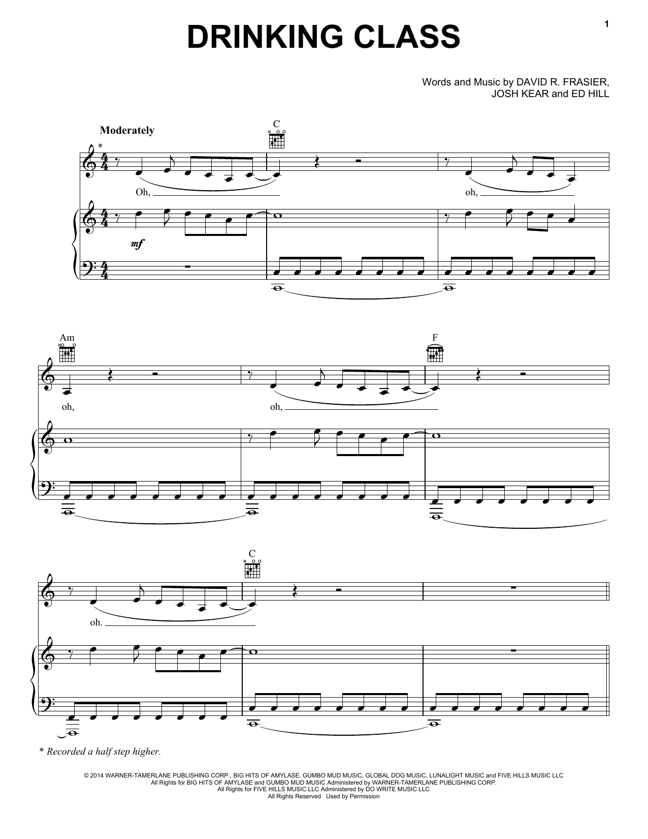 Lee Brice Drinking Class Sheet Music Notes & Chords for Piano, Vocal & Guitar (Right-Hand Melody) - Download or Print PDF